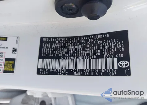 2021 Toyota Corolla Le из США, поврежденный, VIN 5YFEPMAE3MP180248